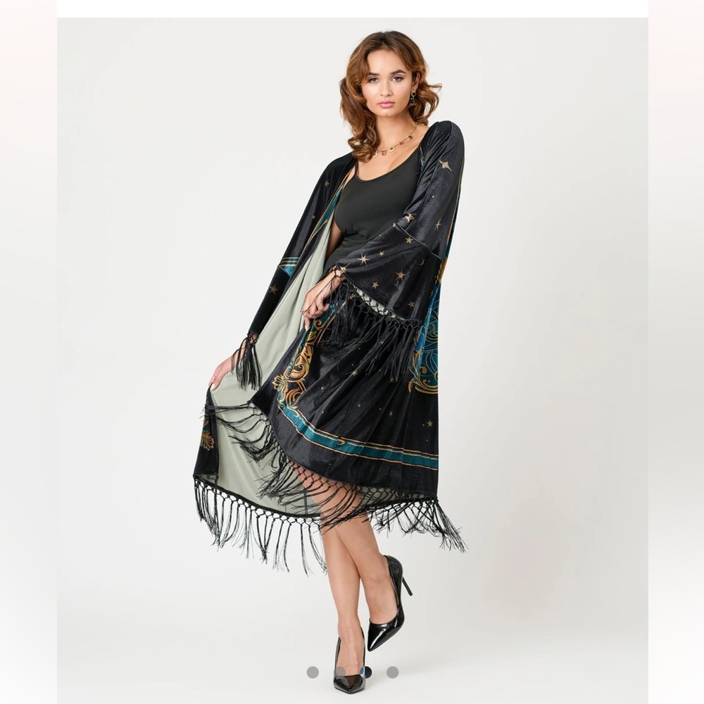 @amck1207 only!Unique Vintage Plus Size Black Art Noveau Fringe Kimono OSFM PLUS - Picture 3 of 4